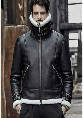 men's black lambskin leather jacket luxe fur collar trim 3