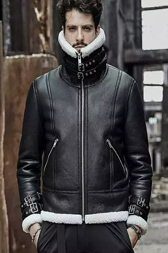men's black lambskin leather jacket luxe fur collar trim