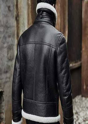 men's black lambskin leather jacket luxe fur collar trim 4