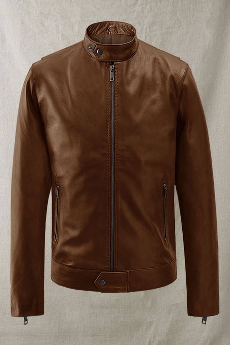 Mens genuine pure lambskin brown café racer leather jacket biker leather jacket