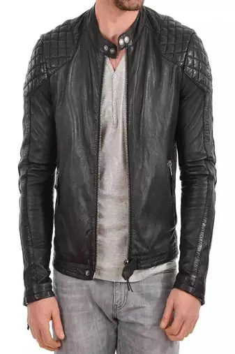 Mens genuine black quilted lambskin leather jacket biker leather jacket