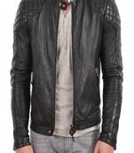 Mens genuine black quilted lambskin leather jacket biker leather jacket