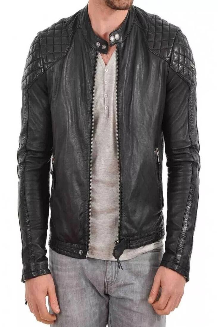 Mens genuine black quilted lambskin leather jacket biker leather jacket