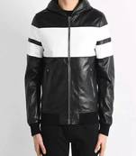 Mens genuine black white hoodie leather jacket biker leather jacket