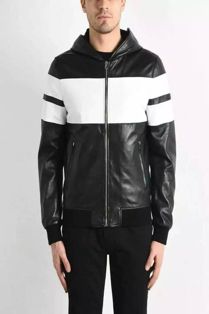 Mens genuine black white hoodie leather jacket biker leather jacket
