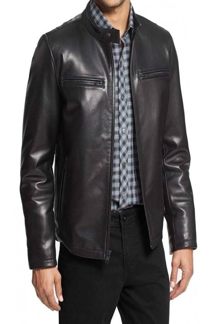 Mens black color motorcycle jacket  pure lambskin genuine leather jacket biker