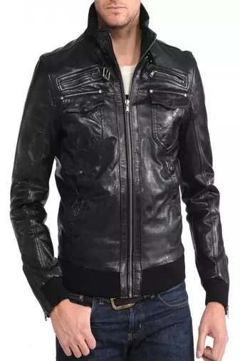 Mens genuine black bomber rib waist  lambskin leather jacket biker leather jacket