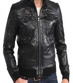 men's black lambskin leather bomber jacket ribbed cuffs and waist versatile