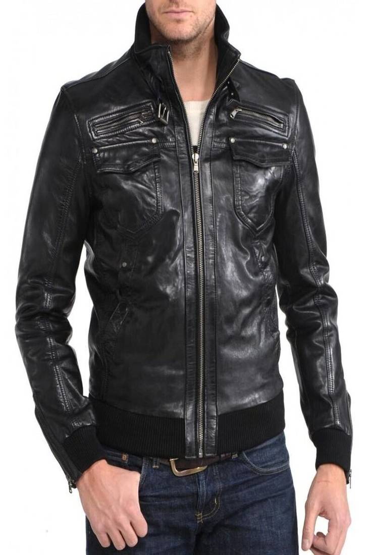 Mens genuine black bomber rib waist  lambskin leather jacket biker leather jacket