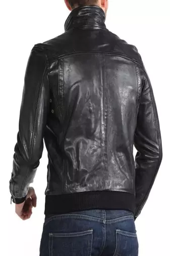 men's black lambskin leather bomber jacket ribbed cuffs and waist versatile