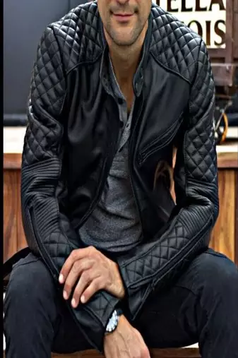 Mens genuine black quilted lambskin leather jacket biker leather jacket  celebrity look