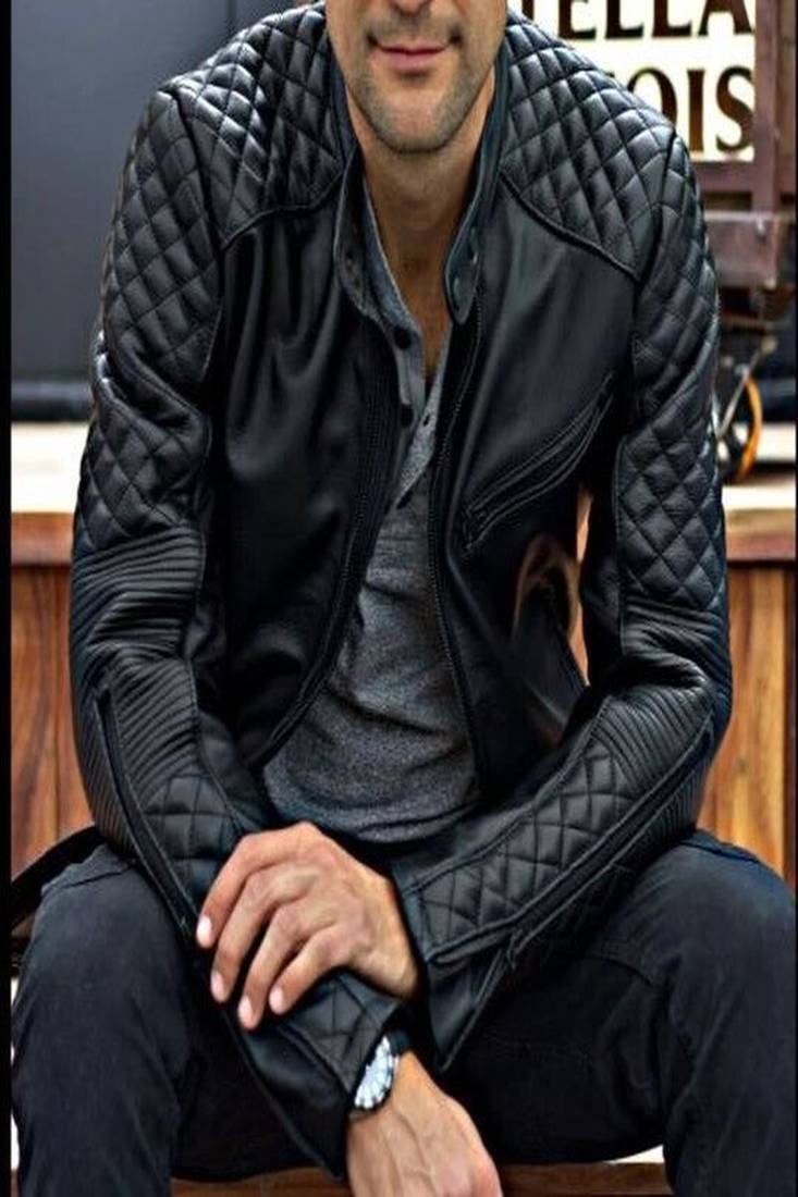 Mens genuine black quilted lambskin leather jacket biker leather jacket  celebrity look