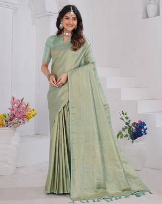 Pista Green Pure Kanjeevaram Silk Rose Floral Woven Zari Design Saree With Blouse 1