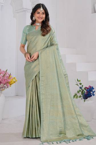 Pista Green Pure Kanjeevaram Silk Rose Floral Woven Zari Design Saree With Blouse