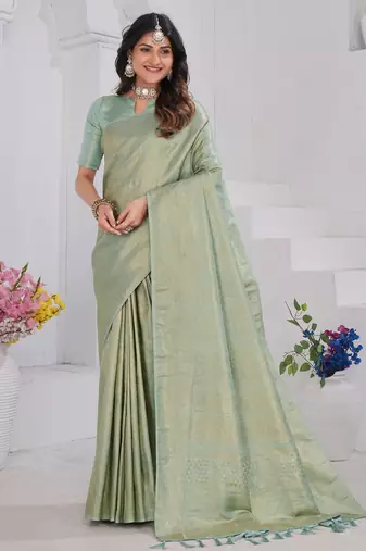 Pista Green Pure Kanjeevaram Silk Rose Floral Woven Zari Design Saree With Blouse