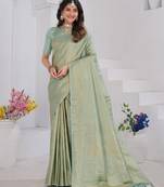 Pista Green Pure Kanjeevaram Silk Rose Floral Woven Zari Design Saree With Blouse