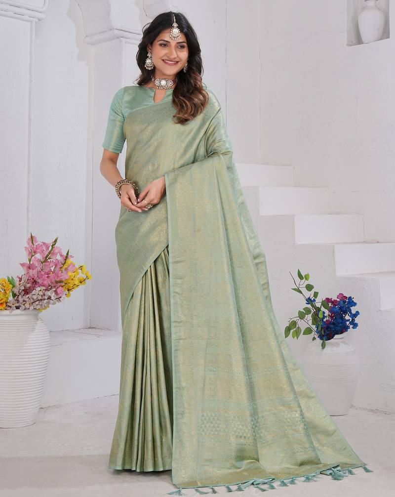 Pista Green Pure Kanjeevaram Silk Rose Floral Woven Zari Design Saree With Blouse