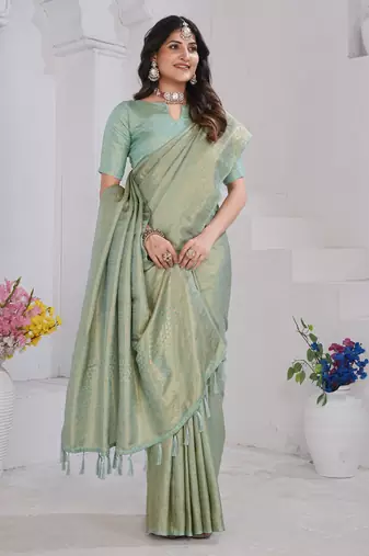 Pista Green Pure Kanjeevaram Silk Rose Floral Woven Zari Design Saree With Blouse