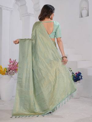 Pista Green Pure Kanjeevaram Silk Rose Floral Woven Zari Design Saree With Blouse 3
