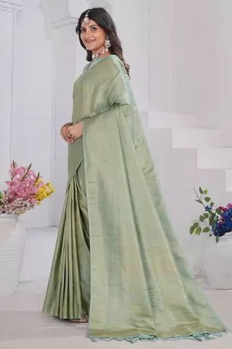 Pista Green Pure Kanjeevaram Silk Rose Floral Woven Zari Design Saree With Blouse