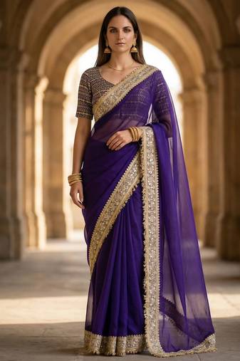 Purple Color Jari dori Embroidered Lace Border with Real Mirror Work Satin Silk Saree