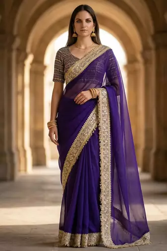 Purple Color Jari dori Embroidered Lace Border with Real Mirror Work Satin Silk Saree
