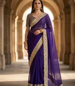 Purple Color Jari dori Embroidered Lace Border with Real Mirror Work Satin Silk Saree