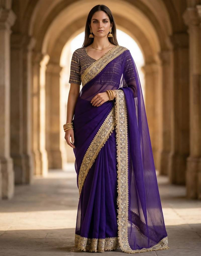 Purple Color Jari dori Embroidered Lace Border with Real Mirror Work Satin Silk Saree