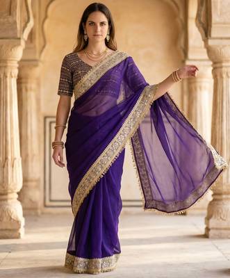Purple Color Jari dori Embroidered Lace Border with Real Mirror Work Satin art silk saree 2