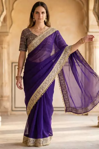 Purple Color Jari dori Embroidered Lace Border with Real Mirror Work Satin art silk saree