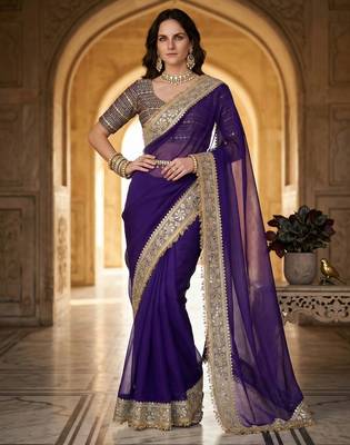 Purple Color Jari dori Embroidered Lace Border with Real Mirror Work Satin art silk saree 3