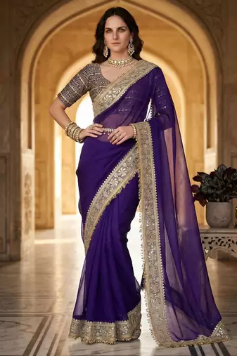 Purple Color Jari dori Embroidered Lace Border with Real Mirror Work Satin art silk saree