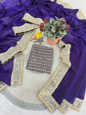 Purple Color Jari dori Embroidered Lace Border with Real Mirror Work Satin art silk saree 4