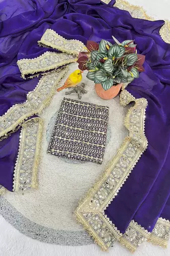 Purple Color Jari dori Embroidered Lace Border with Real Mirror Work Satin art silk saree