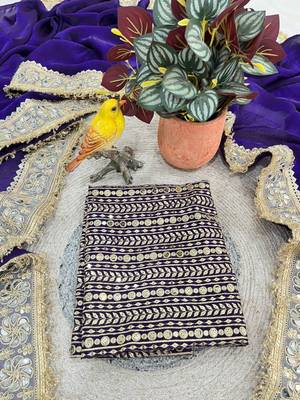 Purple Color Jari dori Embroidered Lace Border with Real Mirror Work Satin art silk saree 5