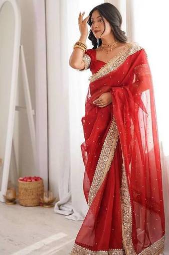 Red Color Jari dori Embroidered Lace Border with Real Mirror Work Satin Silk Saree