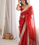 Red Color Jari dori Embroidered Lace Border with Real Mirror Work Satin Silk Saree