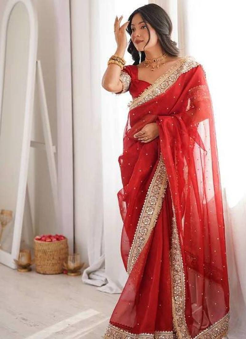 Red Color Jari dori Embroidered Lace Border with Real Mirror Work Satin Silk Saree