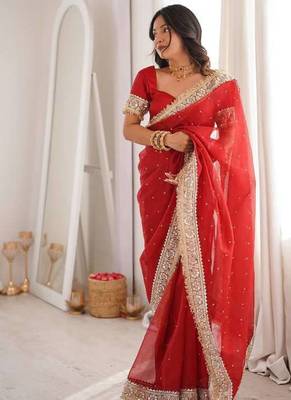Red Color Jari dori Embroidered Lace Border with Real Mirror Work Satin art silk saree 2