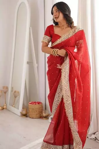 Red Color Jari dori Embroidered Lace Border with Real Mirror Work Satin art silk saree