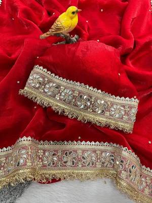 Red Color Jari dori Embroidered Lace Border with Real Mirror Work Satin art silk saree 3