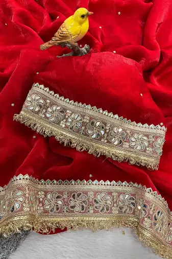 Red Color Jari dori Embroidered Lace Border with Real Mirror Work Satin art silk saree