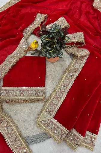 Red Color Jari dori Embroidered Lace Border with Real Mirror Work Satin art silk saree