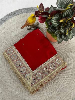 Red Color Jari dori Embroidered Lace Border with Real Mirror Work Satin art silk saree 5