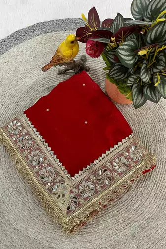 Red Color Jari dori Embroidered Lace Border with Real Mirror Work Satin art silk saree