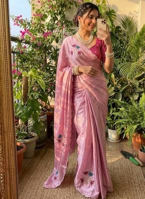 Pink Color Hand CutDana Bandhni And Butta Work art silk saree 1