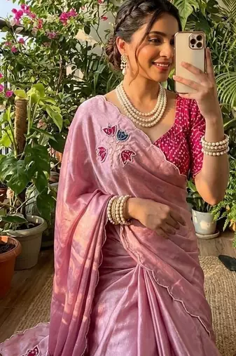 Pink Color Hand CutDana Bandhni And Butta Work art silk saree