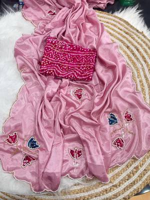 Pink Color Hand CutDana Bandhni And Butta Work art silk saree 3