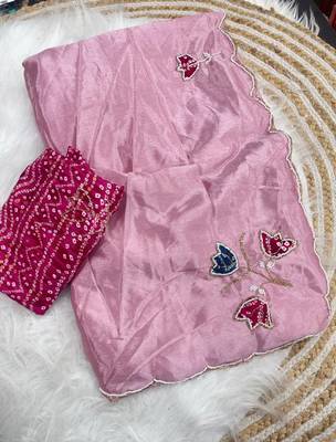 Pink Color Hand CutDana Bandhni And Butta Work art silk saree 4