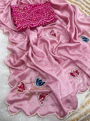 Pink Color Hand CutDana Bandhni And Butta Work art silk saree 5